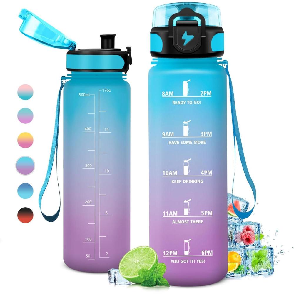 image:imageGourde 1L Gourde Sport tanche et Rutilisable Bouteille deau 1 Litre avec Marqueur de Temps et Filtre Bouteille pour Adulte lcole Cyclisme Voyage Camping Fitness Yoga Bureau Gym17oz500ml  Bleu  Lilas