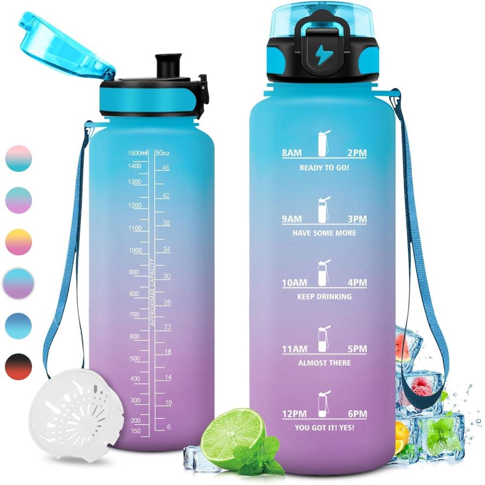 image:imageGourde 1L Gourde Sport tanche et Rutilisable Bouteille deau 1 Litre avec Marqueur de Temps et Filtre Bouteille pour Adulte lcole Cyclisme Voyage Camping Fitness Yoga Bureau Gym50oz1500ml Bleu Lilas