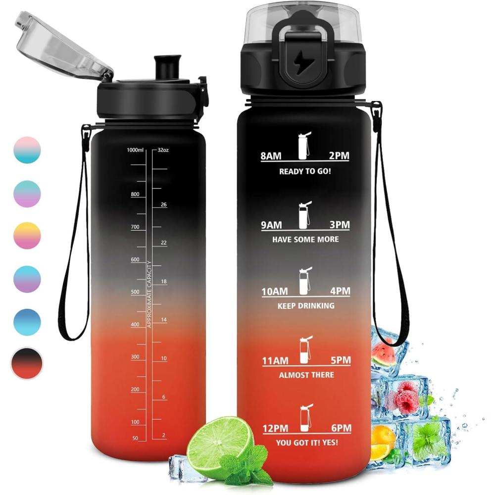 image:imageGourde 1L Gourde Sport tanche et Rutilisable Bouteille deau 1 Litre avec Marqueur de Temps et Filtre Bouteille pour Adulte lcole Cyclisme Voyage Camping Fitness Yoga Bureau Gym32oz1000ml  Noir  Rouge