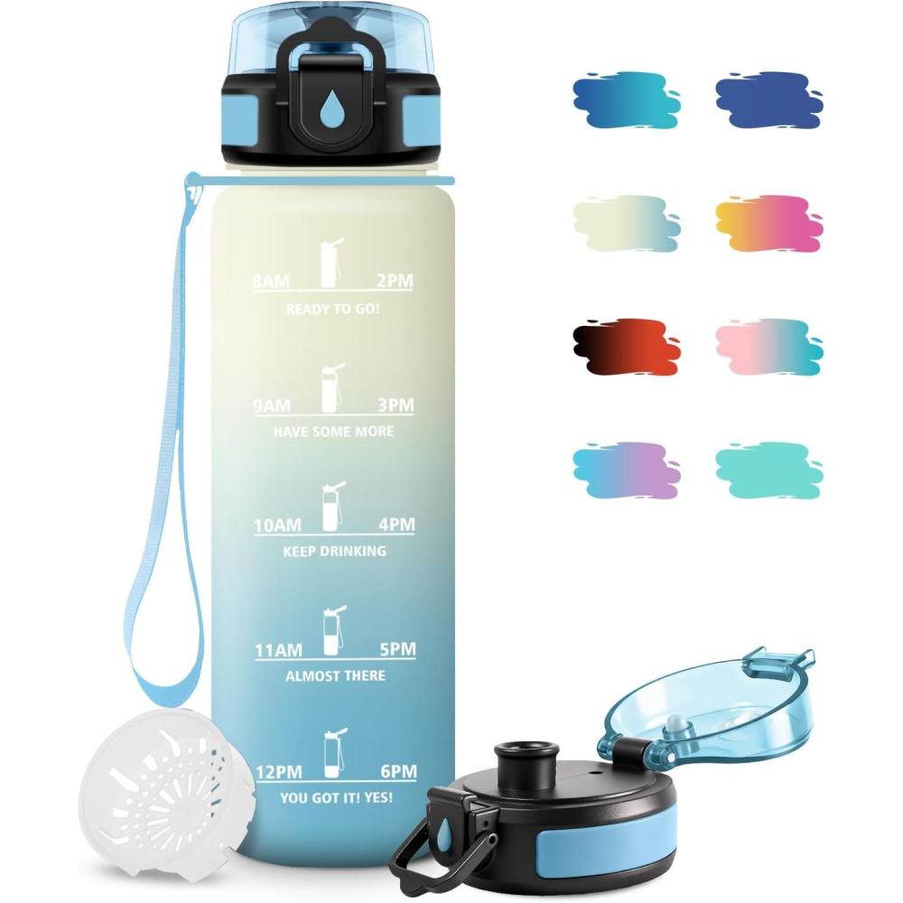 image:imageGourde Motivation 15L Gourde avec Filtre sans BPA tanche et Rutilisable Bouteille deau de Motivation avec Marqueur de Temps Bouteille Rutilisable pour lcole Sport Bureau Camping32oz1000ml Blanc Bleu Clair