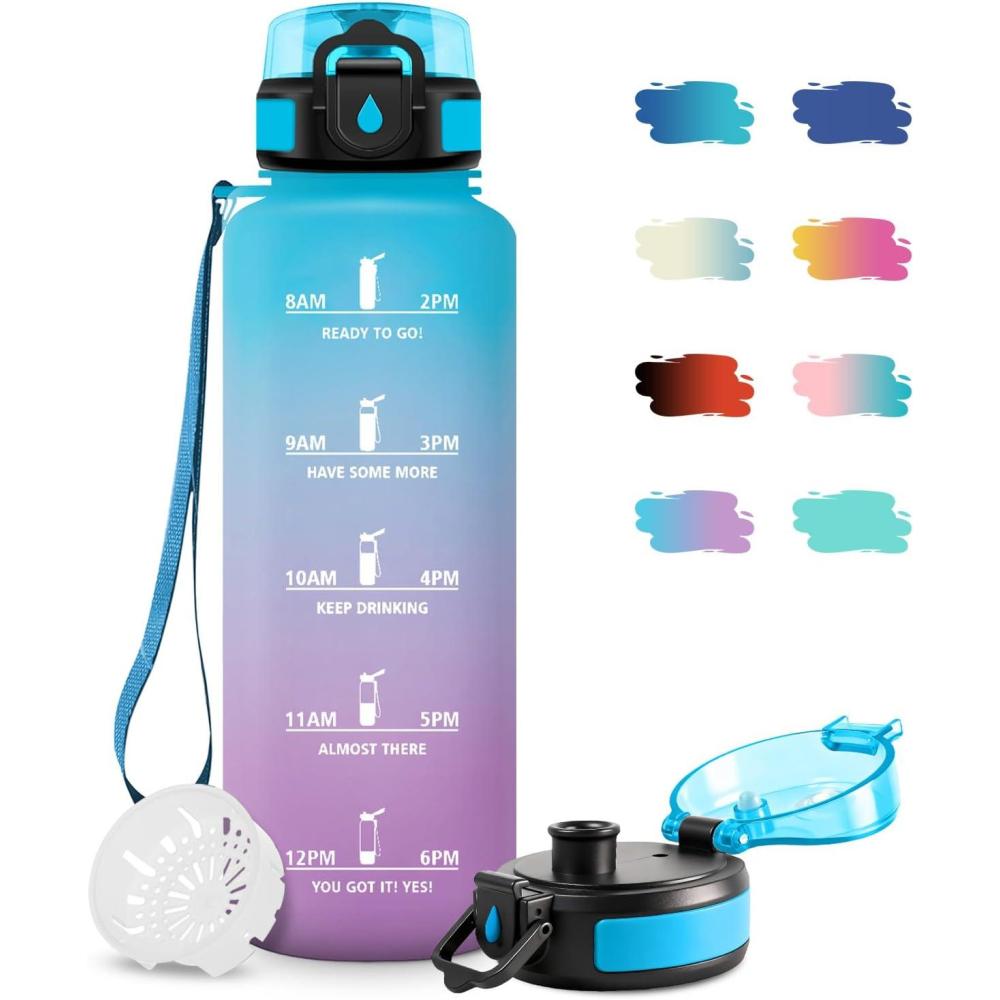 image:imageGourde Motivation 15L Gourde avec Filtre sans BPA tanche et Rutilisable Bouteille deau de Motivation avec Marqueur de Temps Bouteille Rutilisable pour lcole Sport Bureau Camping50oz1500ml Bleu Violet