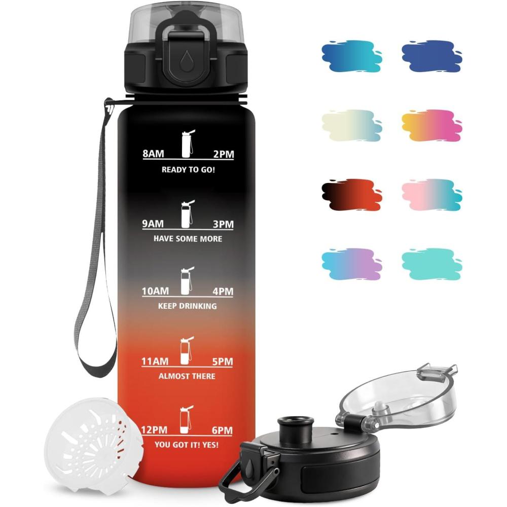 image:imageGourde Motivation 15L Gourde avec Filtre sans BPA tanche et Rutilisable Bouteille deau de Motivation avec Marqueur de Temps Bouteille Rutilisable pour lcole Sport Bureau Camping17oz500ml Noir Rouge