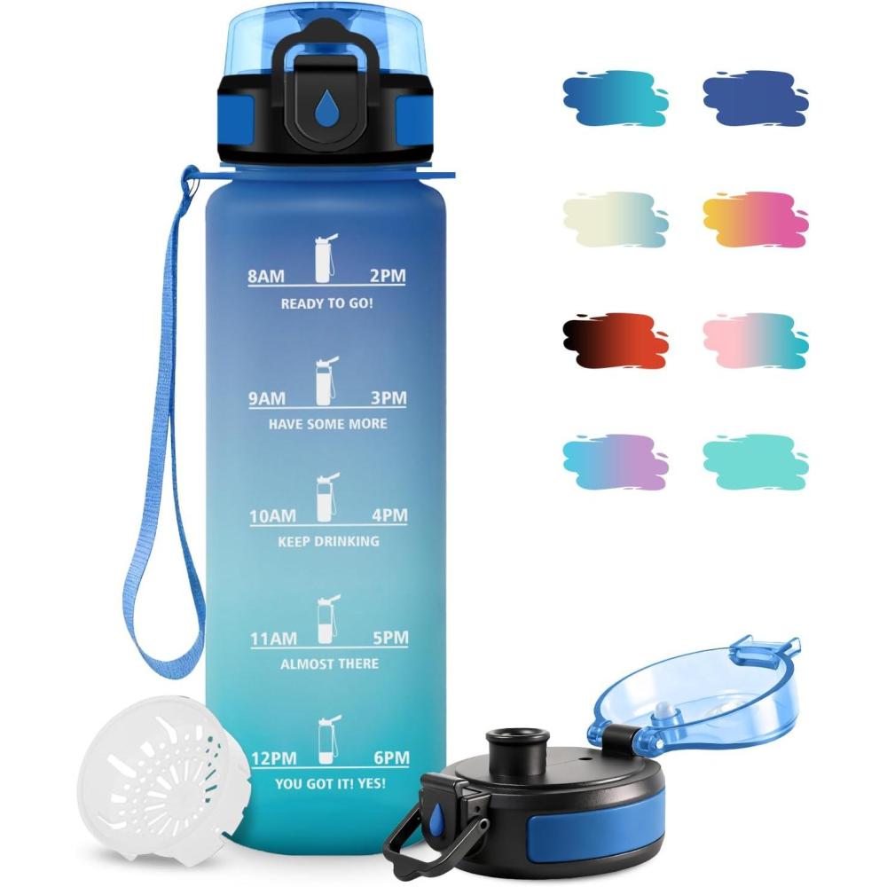image:imageGourde Motivation 15L Gourde avec Filtre sans BPA tanche et Rutilisable Bouteille deau de Motivation avec Marqueur de Temps Bouteille Rutilisable pour lcole Sport Bureau Camping32oz1000ml Bleu Vert