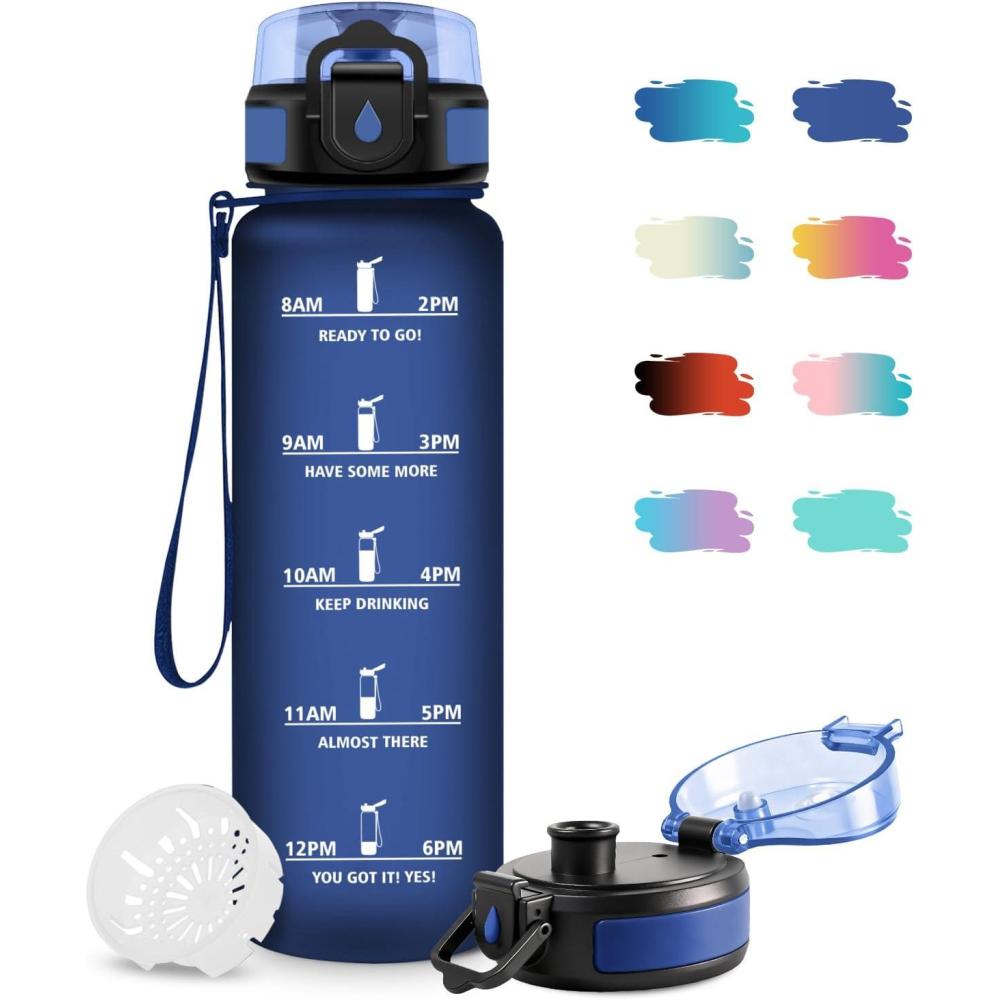 image:imageGourde Motivation 15L Gourde avec Filtre sans BPA tanche et Rutilisable Bouteille deau de Motivation avec Marqueur de Temps Bouteille Rutilisable pour lcole Sport Bureau Camping17oz500ml Mat Bleu Marine