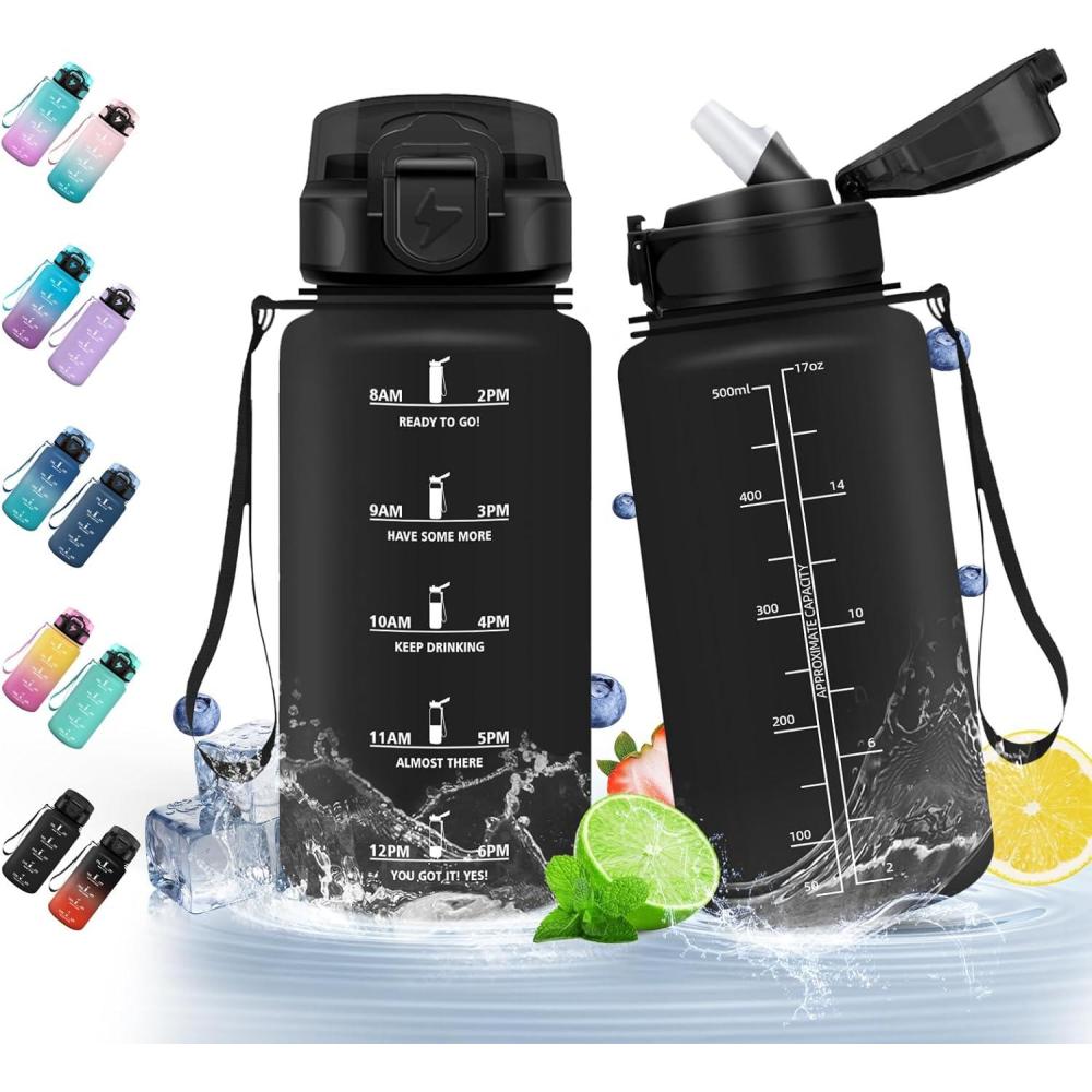 image:imageHoneyHolly Gourde 15L Bouteille Gourde Sport avec Paille Gourde Motivation avec Marqueur de Temps Bouteille deau tanche Bouteille deau pour Randonne Camping Fitness CyclismeNoir 500ml
