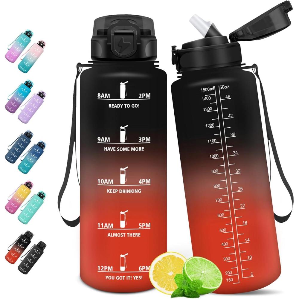 image:imageHoneyHolly Gourde 15L Bouteille Gourde Sport avec Paille Gourde Motivation avec Marqueur de Temps Bouteille deau tanche Bouteille deau pour Randonne Camping Fitness CyclismeNoir Rouge 1500ml