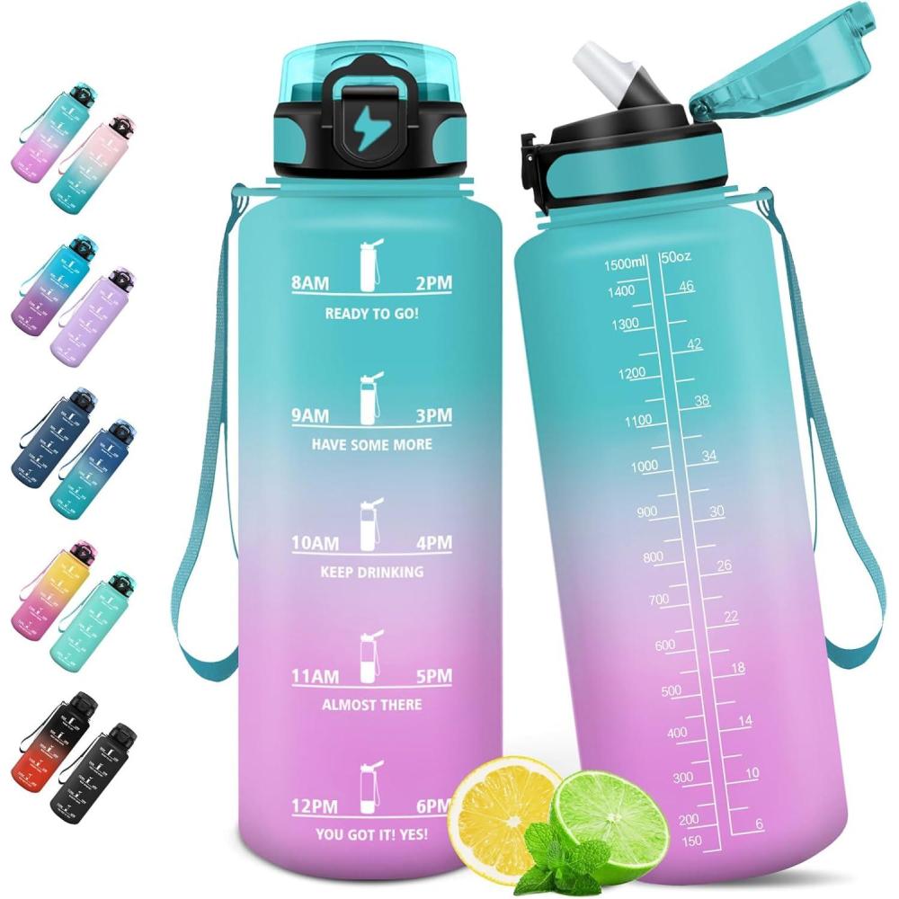 image:imageHoneyHolly Gourde 15L Bouteille Gourde Sport avec Paille Gourde Motivation avec Marqueur de Temps Bouteille deau tanche Bouteille deau pour Randonne Camping Fitness CyclismeVert Poudre 1500ml