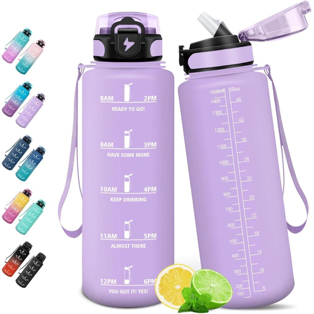 image:imageHoneyHolly Gourde 15L Bouteille Gourde Sport avec Paille Gourde Motivation avec Marqueur de Temps Bouteille deau tanche Bouteille deau pour Randonne Camping Fitness CyclismeViolet  1500ml