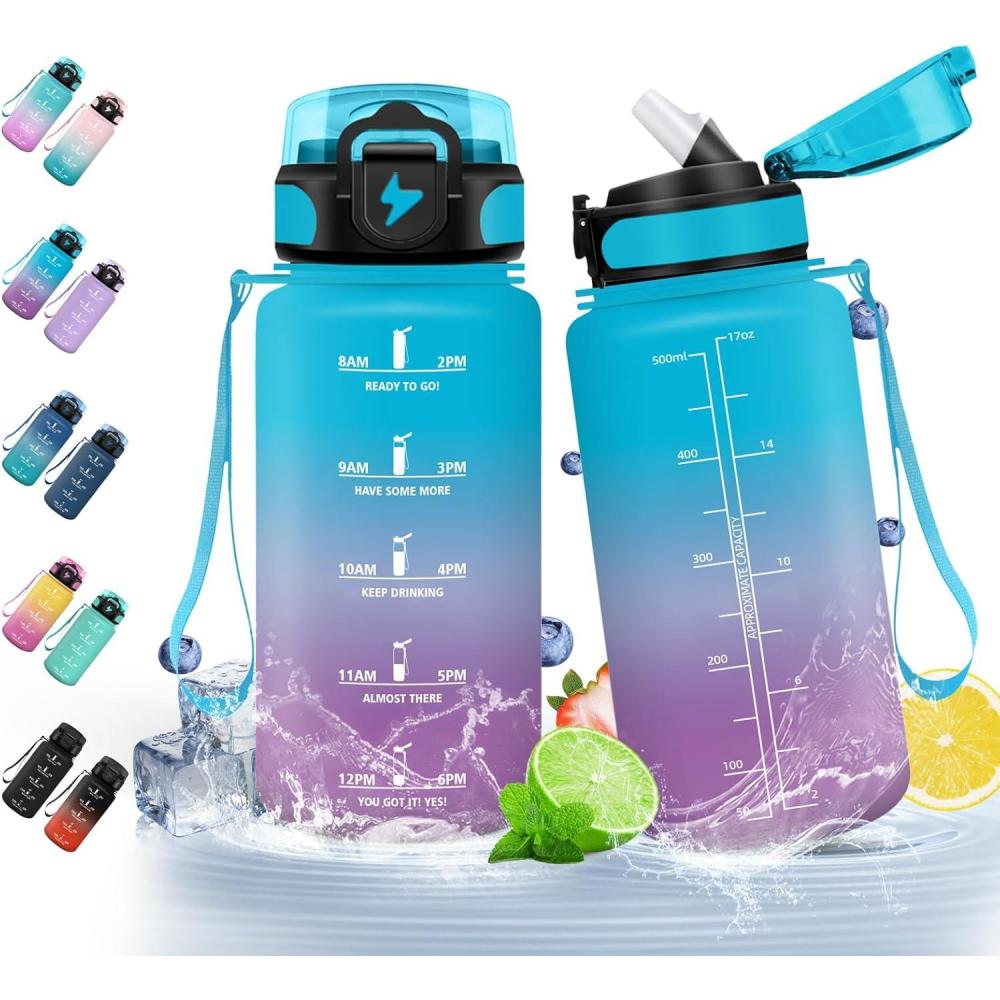 image:imageHoneyHolly Gourde Paille Gourde 500ml sans BPA ampamp tanches Bouteille Motivation Bouteille deau Avec Marqueur de Temps Petite Water Bollte pour Gym Ecole Cyclisme Plein Air SportBleuviolet 500 Ml