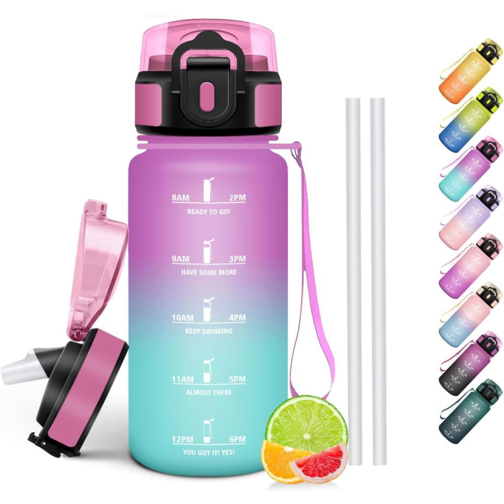 image:imageHoneyHolly Gourde Paille Gourde 500ml sans BPA ampamp tanches Bouteille Motivation Bouteille deau Avec Marqueur de Temps Petite Water Bollte pour Gym Ecole Cyclisme Plein Air SportRosecyan  500 Ml