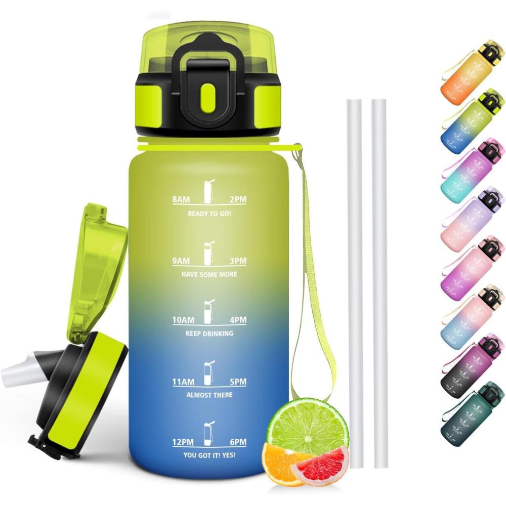 image:imageHoneyHolly Gourde Paille Gourde 500ml sans BPA ampamp tanches Bouteille Motivation Bouteille deau Avec Marqueur de Temps Petite Water Bollte pour Gym Ecole Cyclisme Plein Air SportJaunebleu  500 Ml