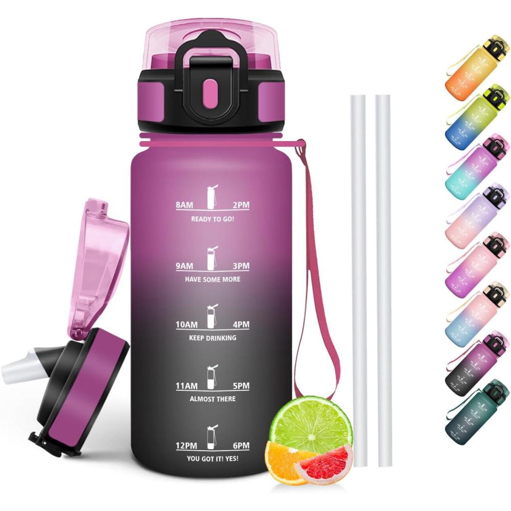 image:imageHoneyHolly Gourde Paille Gourde 500ml sans BPA ampamp tanches Bouteille Motivation Bouteille deau Avec Marqueur de Temps Petite Water Bollte pour Gym Ecole Cyclisme Plein Air SportVioletnoir  500 Ml