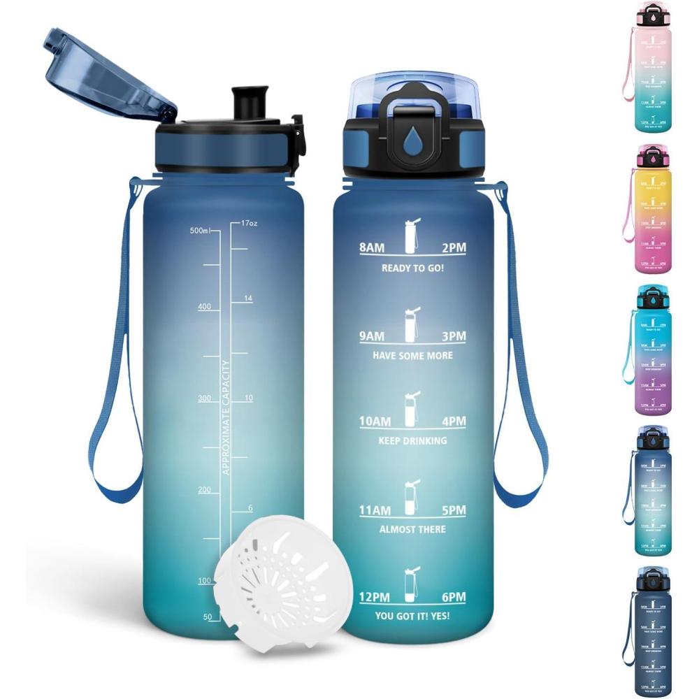 image:imageMotswedi Gourde 1l Sans BPA Gourde Sport avec Marqueur de Temps Bouteille deau AntiFuite Bouteille Plastique pour Fitness Sport Yoga Randonne BleuampampvertBleuvert500ml