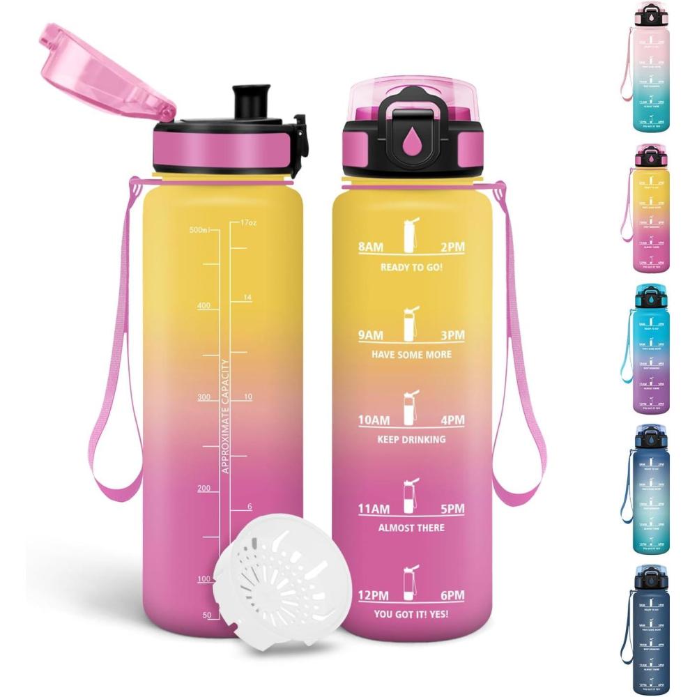 image:imageMotswedi Gourde 1l Sans BPA Gourde Sport avec Marqueur de Temps Bouteille deau AntiFuite Bouteille Plastique pour Fitness Sport Yoga Randonne BleuampampvertJaunerose500ml