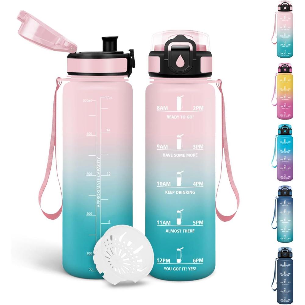 image:imageMotswedi Gourde 1l Sans BPA Gourde Sport avec Marqueur de Temps Bouteille deau AntiFuite Bouteille Plastique pour Fitness Sport Yoga Randonne BleuampampvertRosecyan500ml
