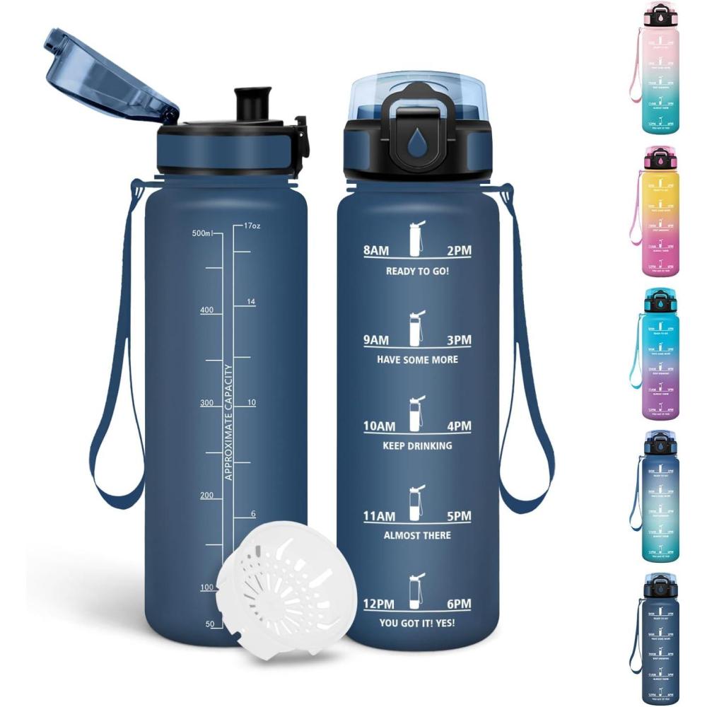 image:imageMotswedi Gourde 1l Sans BPA Gourde Sport avec Marqueur de Temps Bouteille deau AntiFuite Bouteille Plastique pour Fitness Sport Yoga Randonne BleuampampvertBleu Marine500ml