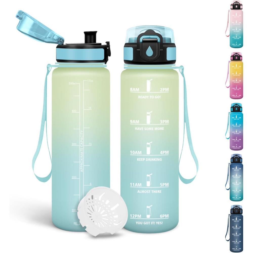 image:imageMotswedi Gourde 1l Sans BPA Gourde Sport avec Marqueur de Temps Bouteille deau AntiFuite Bouteille Plastique pour Fitness Sport Yoga Randonne BleuampampvertGivreciel500ml