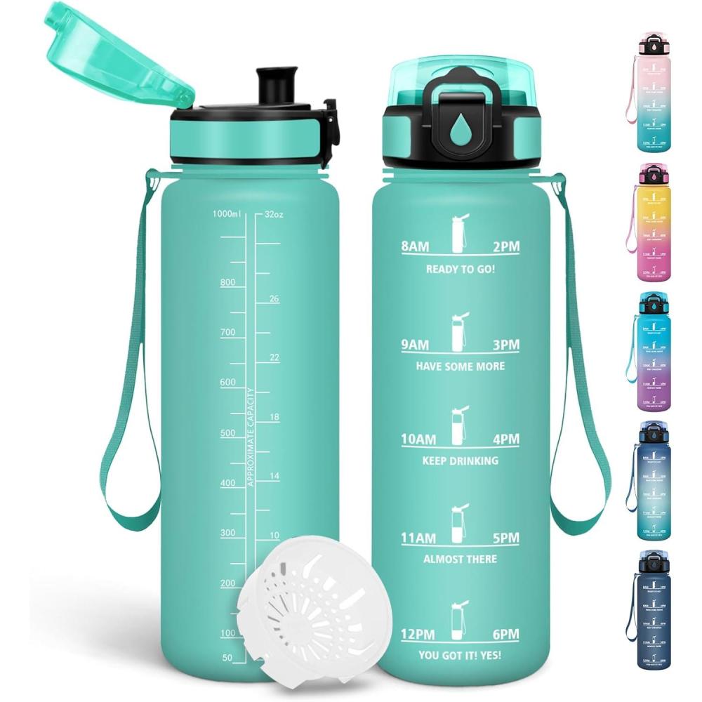 image:imageMotswedi Gourde 1l Sans BPA Gourde Sport avec Marqueur de Temps Bouteille deau AntiFuite Bouteille Plastique pour Fitness Sport Yoga Randonne BleuampampvertBleuvert1000ml