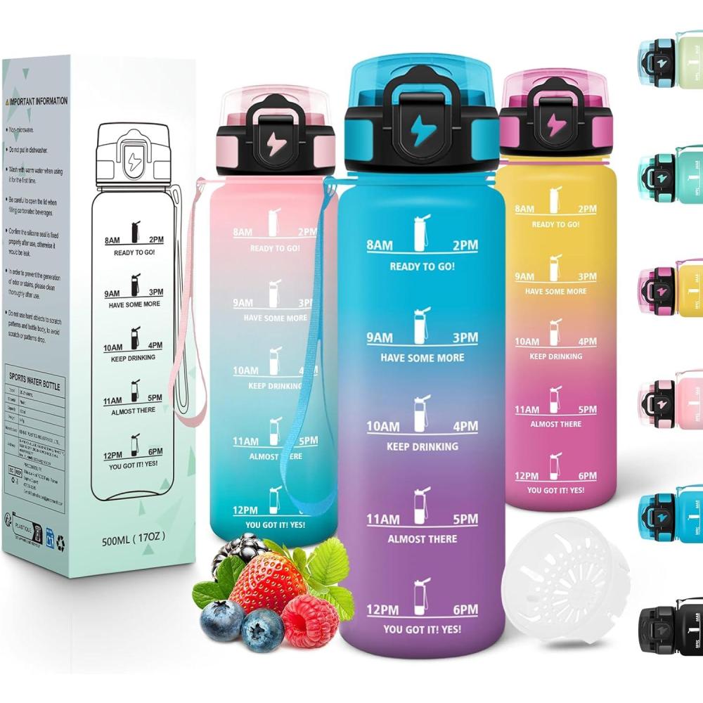 image:imageMotswedi Gourde Enfant 500 ml AntiFuite Gourde Sport avec Marqueur de Temps Bouteille deau Rutilisable Sans BPA Bouteille pour cole Sport Yoga Fitness Randonne Rose VertBleu Violet