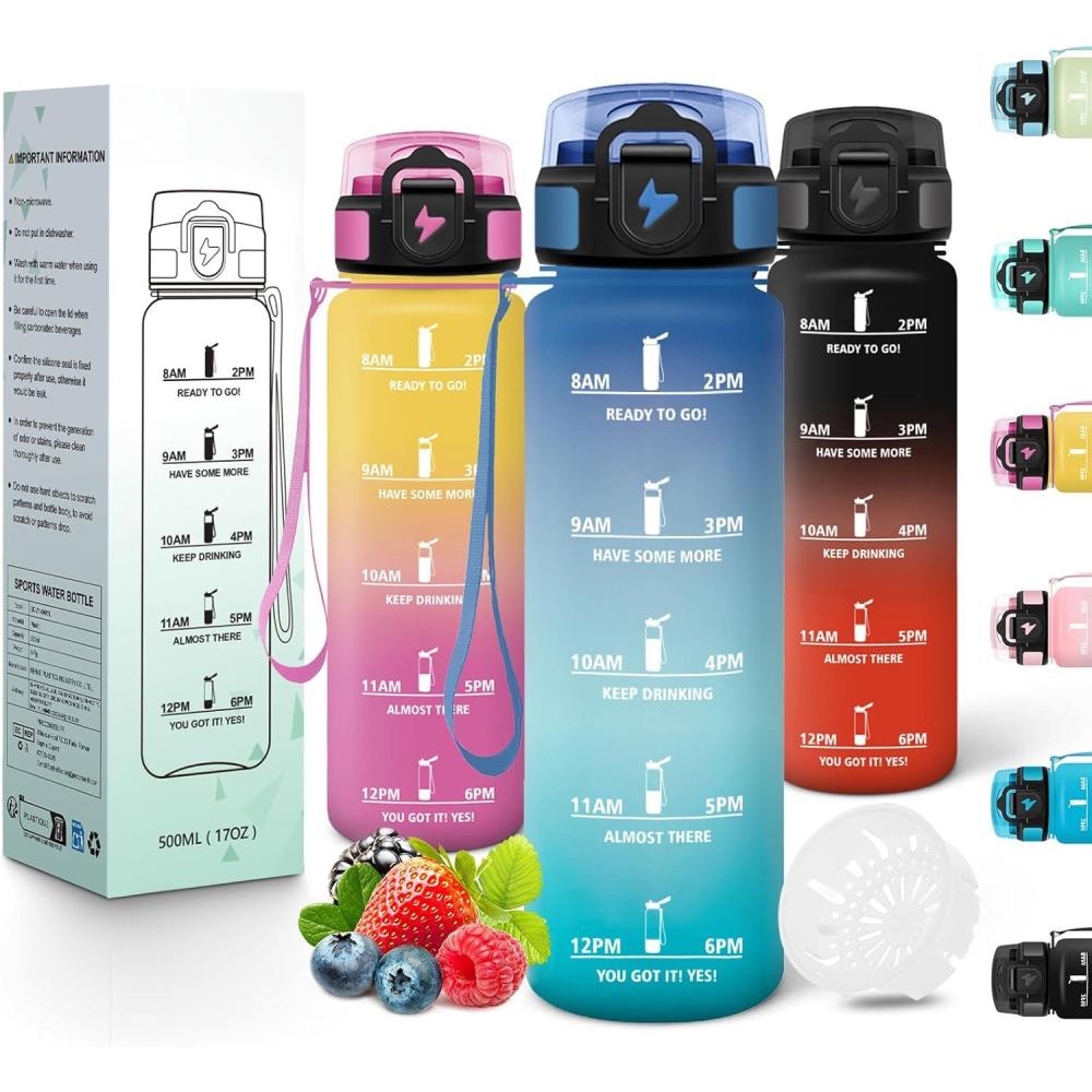 image:imageMotswedi Gourde Enfant 500 ml AntiFuite Gourde Sport avec Marqueur de Temps Bouteille deau Rutilisable Sans BPA Bouteille pour cole Sport Yoga Fitness Randonne Rose VertBleu Vert
