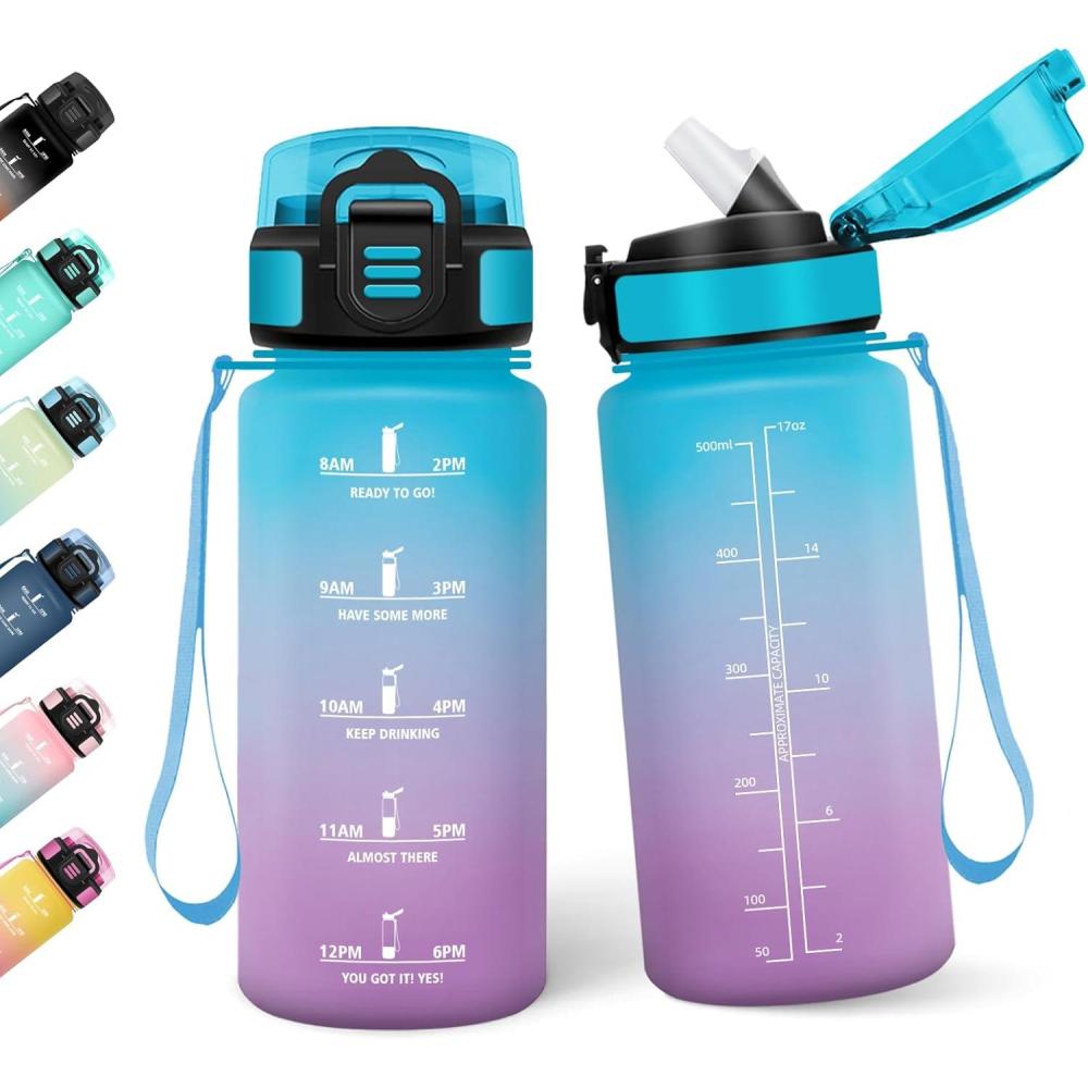 image:imageMotswedi Gourde Enfant 500 ml AntiFuite Gourde Sport avec Marqueur de Temps Bouteille deau Rutilisable Sans BPA Bouteille pour cole Sport Yoga Fitness Randonne Rose VertBleuviolet500ml
