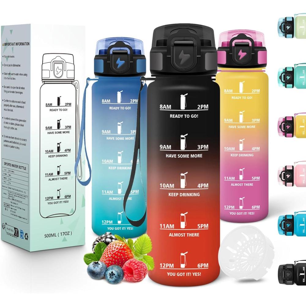 image:imageMotswedi Gourde Enfant 500 ml AntiFuite Gourde Sport avec Marqueur de Temps Bouteille deau Rutilisable Sans BPA Bouteille pour cole Sport Yoga Fitness Randonne Rose VertNoir Rouge
