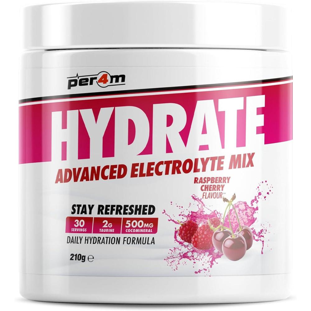 image:imagePer4m Hydration Electrolyte Mix Framboise Cerise 210g  Mix dlectrolytes framboise cerise pour lnergie et la rcupration