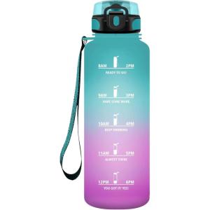 Bouteille d&rsquo;eau 1L, Gourde Sport Étanche, Gourde Enfant avec Filtre, Gourdes avec Marqueur de Temps, Gourdes Motivation Idéale pour Yoga, École, Bureau, Randonnée(50oz-1500ml | Vert + Rose Clair)