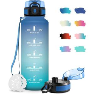 Bouteille d&rsquo;eau 1L, Gourde Sport Étanche, Gourde Enfant avec Filtre, Gourdes avec Marqueur de Temps, Gourdes Motivation Idéale pour Yoga, École, Bureau, Randonnée(50oz-1500ml | Bleu + Vert)