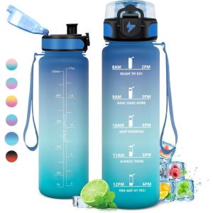 Gourde 1L, Gourde Sport, Étanche et Réutilisable, Bouteille d&rsquo;eau 1 Litre avec Marqueur de Temps et Filtre, Bouteille pour Adulte, l&rsquo;école, Cyclisme, Voyage, Camping, Fitness, Yoga, Bureau, Gym(17oz-500ml | Bleu + Vert)