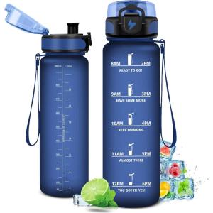 Gourde 1L, Gourde Sport, Étanche et Réutilisable, Bouteille d&rsquo;eau 1 Litre avec Marqueur de Temps et Filtre, Bouteille pour Adulte, l&rsquo;école, Cyclisme, Voyage, Camping, Fitness, Yoga, Bureau, Gym(32oz-1000ml | Mat Marine Bleu)