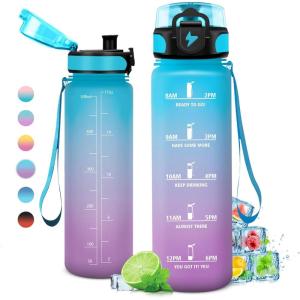 Gourde 1L, Gourde Sport, Étanche et Réutilisable, Bouteille d&rsquo;eau 1 Litre avec Marqueur de Temps et Filtre, Bouteille pour Adulte, l&rsquo;école, Cyclisme, Voyage, Camping, Fitness, Yoga, Bureau, Gym(17oz-500ml | Bleu + Lilas)