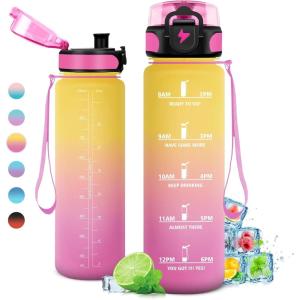 Gourde 1L, Gourde Sport, Étanche et Réutilisable, Bouteille d&rsquo;eau 1 Litre avec Marqueur de Temps et Filtre, Bouteille pour Adulte, l&rsquo;école, Cyclisme, Voyage, Camping, Fitness, Yoga, Bureau, Gym(32oz-1000ml | Jaune + Rose)