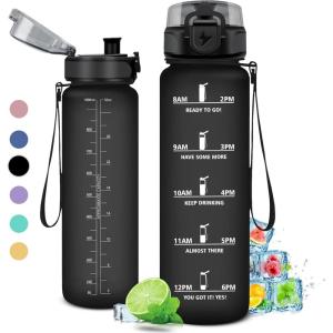 Gourde 1L, Gourde Sport, Étanche et Réutilisable, Bouteille d&rsquo;eau 1 Litre avec Marqueur de Temps et Filtre, Bouteille pour Adulte, l&rsquo;école, Cyclisme, Voyage, Camping, Fitness, Yoga, Bureau, Gym(32oz-1000ml | Mat Noir)
