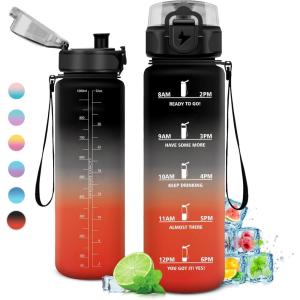 Gourde 1L, Gourde Sport, Étanche et Réutilisable, Bouteille d&rsquo;eau 1 Litre avec Marqueur de Temps et Filtre, Bouteille pour Adulte, l&rsquo;école, Cyclisme, Voyage, Camping, Fitness, Yoga, Bureau, Gym(32oz-1000ml | Noir + Rouge)
