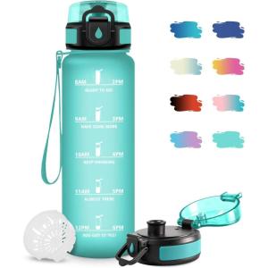 Gourde Motivation 1.5L, Gourde avec Filtre sans BPA, Étanche et Réutilisable, Bouteille d&rsquo;eau de Motivation avec Marqueur de Temps, Bouteille Réutilisable pour l&rsquo;école, Sport, Bureau, Camping(32oz-1000ml | Mat Bleu-vert)