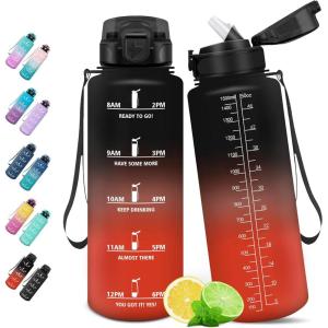HoneyHolly Gourde, 1.5L Bouteille, Gourde Sport avec Paille, Gourde Motivation avec Marqueur de Temps, Bouteille d&rsquo;eau, Étanche, Bouteille d&rsquo;eau pour Randonnée, Camping, Fitness, Cyclisme(Noir & Rouge – 1500ml)