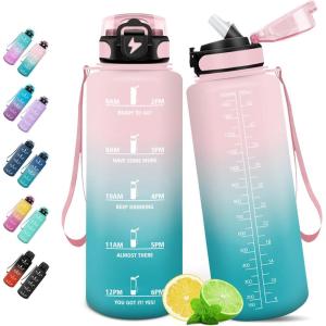 HoneyHolly Gourde, 1.5L Bouteille, Gourde Sport avec Paille, Gourde Motivation avec Marqueur de Temps, Bouteille d&rsquo;eau, Étanche, Bouteille d&rsquo;eau pour Randonnée, Camping, Fitness, Cyclisme(Rose & Cyan – 1500ml)