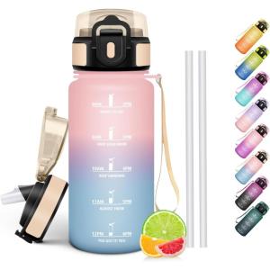 HoneyHolly Gourde Paille, Gourde 500ml, sans BPA & Étanches, Bouteille, Motivation Bouteille d&rsquo;eau, Avec Marqueur de Temps, Petite Water Bollte pour Gym, Ecole, Cyclisme, Plein Air, Sport(Rose Ciel – 500 Ml)