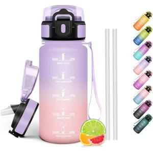 HoneyHolly Gourde Paille, Gourde 500ml, sans BPA & Étanches, Bouteille, Motivation Bouteille d&rsquo;eau, Avec Marqueur de Temps, Petite Water Bollte pour Gym, Ecole, Cyclisme, Plein Air, Sport(Rose Iris – 500 Ml)