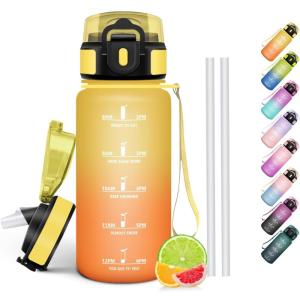 HoneyHolly Gourde Paille, Gourde 500ml, sans BPA & Étanches, Bouteille, Motivation Bouteille d&rsquo;eau, Avec Marqueur de Temps, Petite Water Bollte pour Gym, Ecole, Cyclisme, Plein Air, Sport(Ambre-orange – 500 Ml)