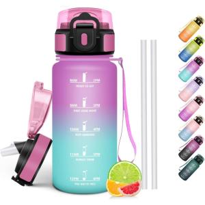 HoneyHolly Gourde Paille, Gourde 500ml, sans BPA & Étanches, Bouteille, Motivation Bouteille d&rsquo;eau, Avec Marqueur de Temps, Petite Water Bollte pour Gym, Ecole, Cyclisme, Plein Air, Sport(Rose-cyan – 500 Ml)