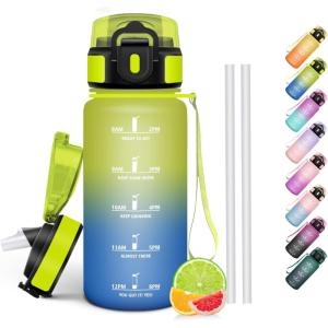 HoneyHolly Gourde Paille, Gourde 500ml, sans BPA & Étanches, Bouteille, Motivation Bouteille d&rsquo;eau, Avec Marqueur de Temps, Petite Water Bollte pour Gym, Ecole, Cyclisme, Plein Air, Sport(Jaune-bleu – 500 Ml)