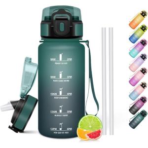 HoneyHolly Gourde Paille, Gourde 500ml, sans BPA & Étanches, Bouteille, Motivation Bouteille d&rsquo;eau, Avec Marqueur de Temps, Petite Water Bollte pour Gym, Ecole, Cyclisme, Plein Air, Sport(Vert-gris – 500 Ml)