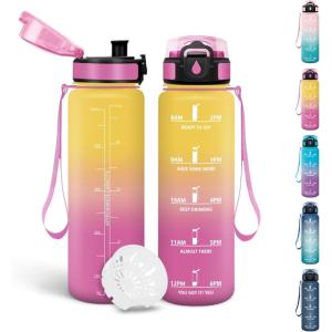 Motswedi Gourde, 1l Sans BPA, Gourde Sport, avec Marqueur de Temps, Bouteille d&rsquo;eau, Anti-Fuite, Bouteille Plastique pour Fitness, Sport, Yoga, Randonnée – Bleu&vert(Jaune&rose-500ml)