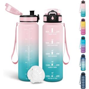 Motswedi Gourde, 1l Sans BPA, Gourde Sport, avec Marqueur de Temps, Bouteille d&rsquo;eau, Anti-Fuite, Bouteille Plastique pour Fitness, Sport, Yoga, Randonnée – Bleu&vert(Rose&cyan-500ml)