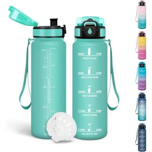 Motswedi Gourde, 1l Sans BPA, Gourde Sport, avec Marqueur de Temps, Bouteille d&rsquo;eau, Anti-Fuite, Bouteille Plastique pour Fitness, Sport, Yoga, Randonnée – Bleu&vert(Cyan Clair-500ml)