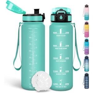 Motswedi Gourde, 1l Sans BPA, Gourde Sport, avec Marqueur de Temps, Bouteille d&rsquo;eau, Anti-Fuite, Bouteille Plastique pour Fitness, Sport, Yoga, Randonnée – Bleu&vert(Bleu&vert-1000ml)