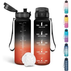 Motswedi Gourde, 1l Sans BPA, Gourde Sport, avec Marqueur de Temps, Bouteille d&rsquo;eau, Anti-Fuite, Bouteille Plastique pour Fitness, Sport, Yoga, Randonnée – Bleu&vert(Noir&rouge-500ml)
