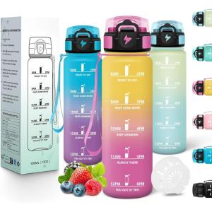 Motswedi Gourde Enfant, 500 ml, Anti-Fuite, Gourde Sport, avec Marqueur de Temps, Bouteille d&rsquo;eau, Réutilisable, Sans BPA, Bouteille pour École, Sport, Yoga, Fitness, Randonnée, Rose Vert(Jaune Rose)